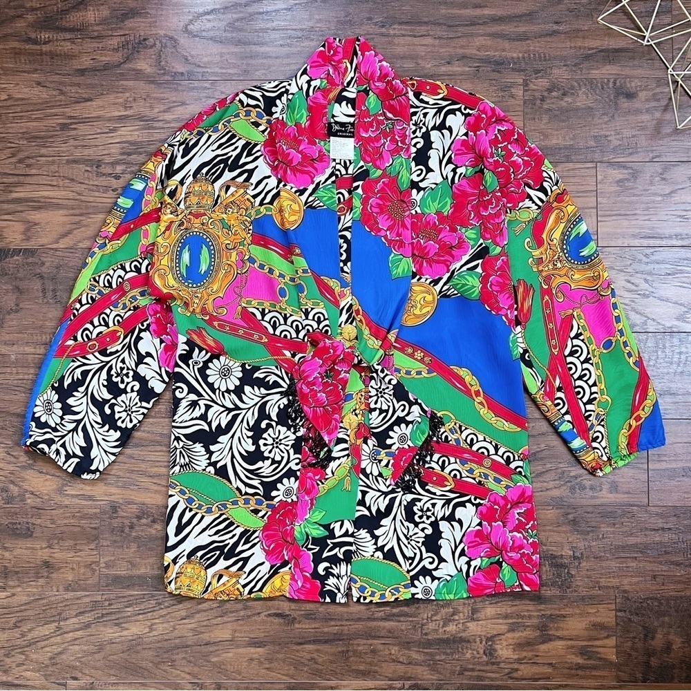 Diane Freis • vintage blouse colorful zebra floral tie neck beaded fringe